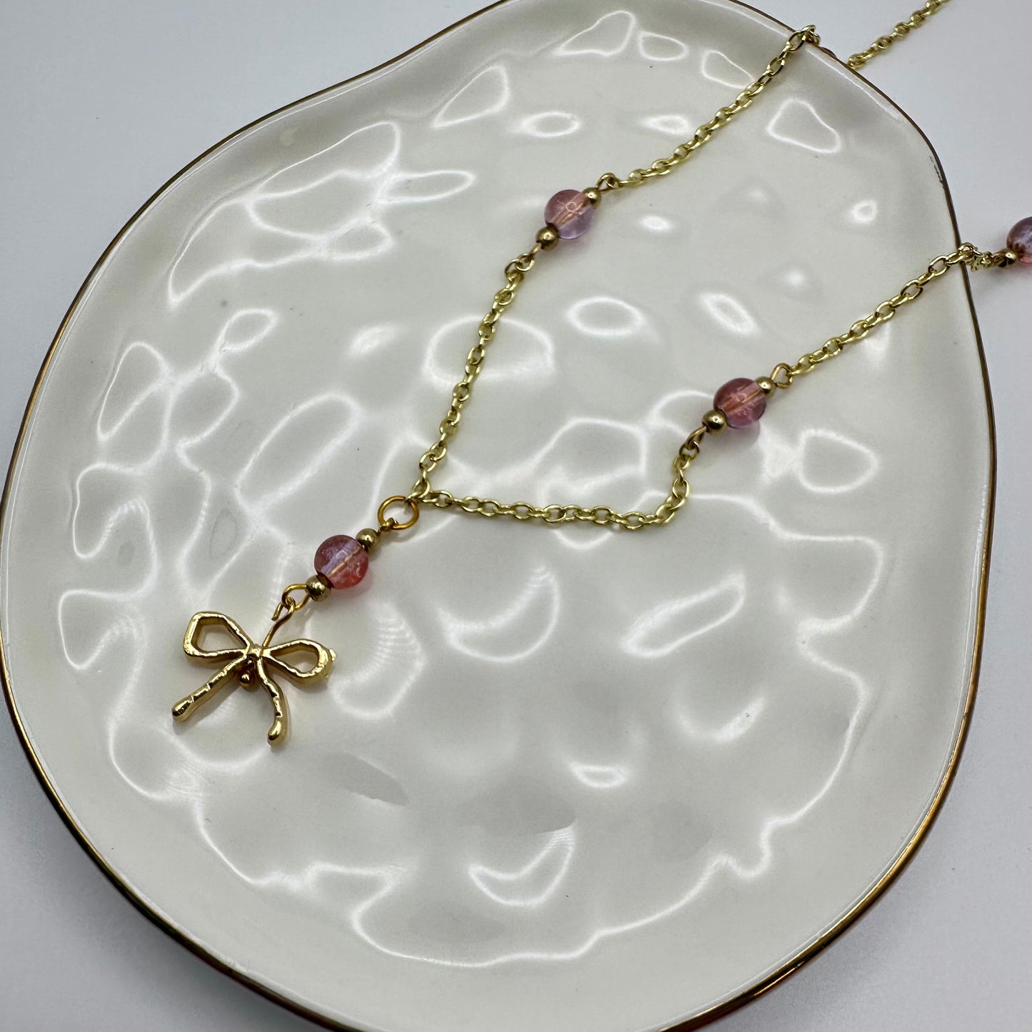 🎀 Golden Bow & Blush Necklace