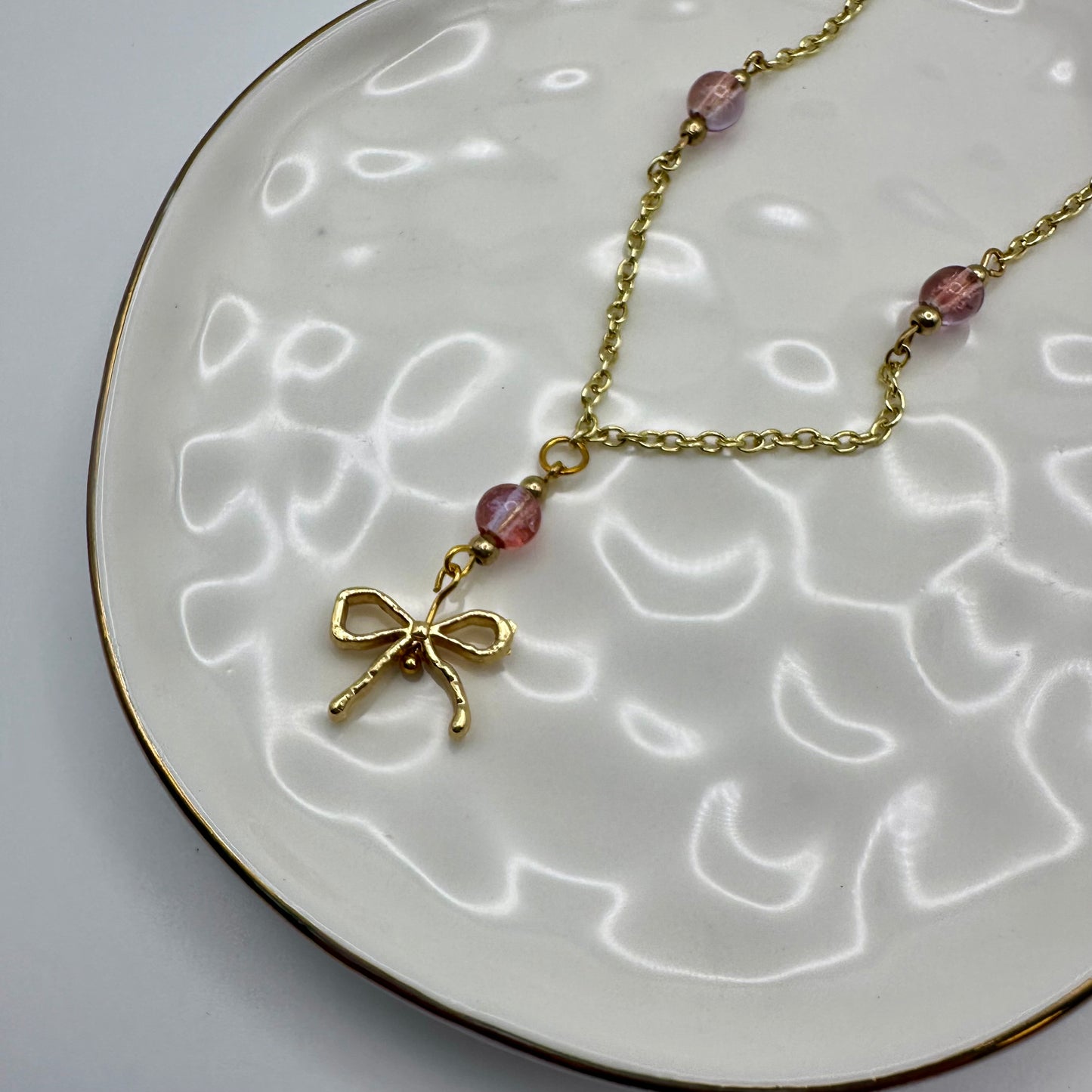 🎀 Golden Bow & Blush Necklace