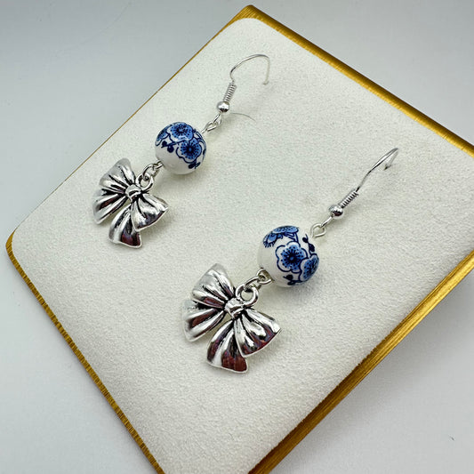 🎀 Blue Willow Bow Drop Earrings